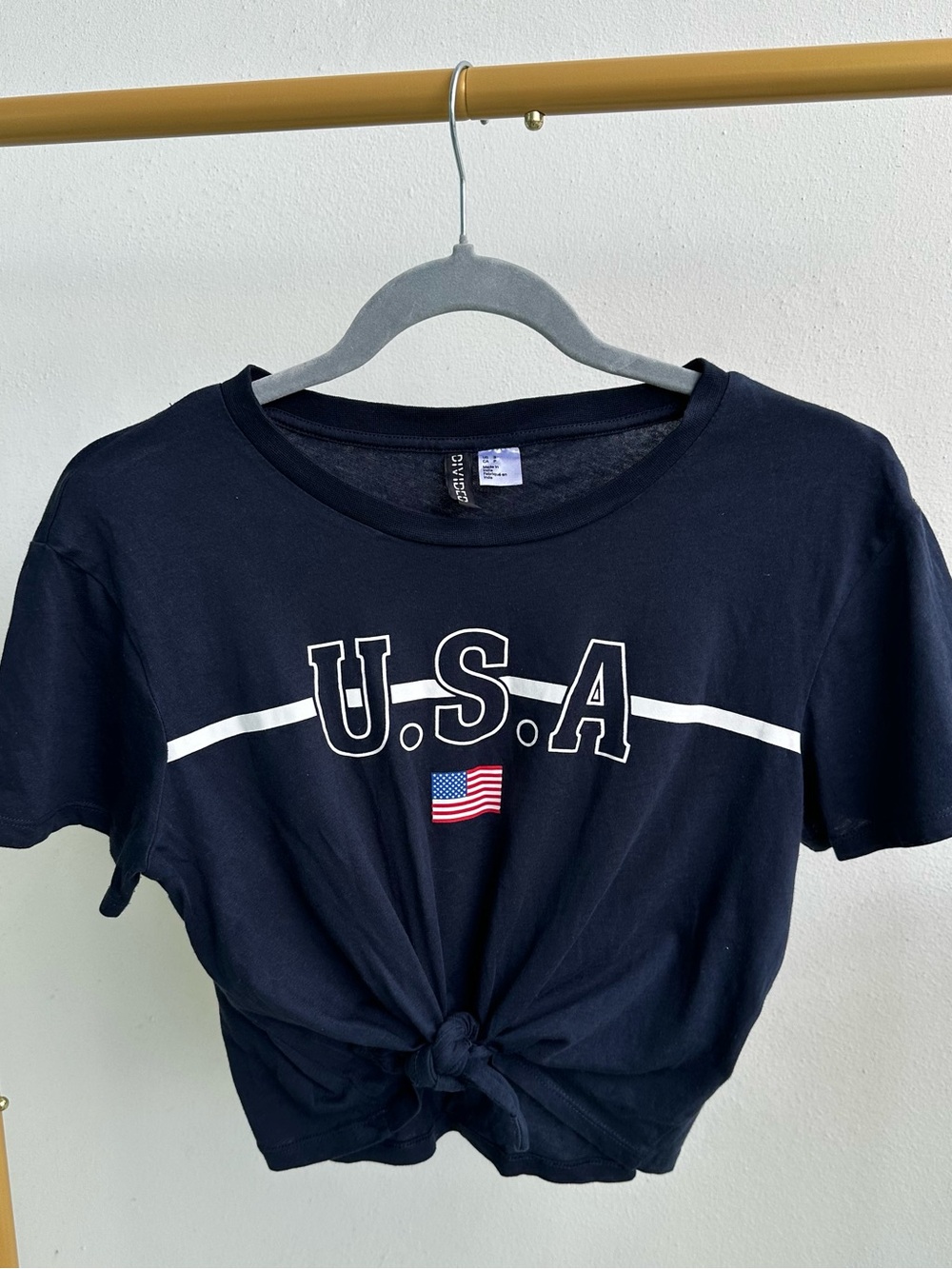 H&M Divided Navy Blue USA Tie-Front Crop Top